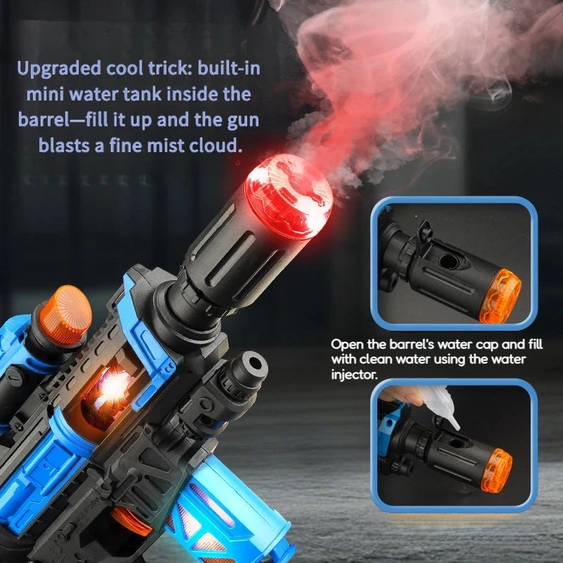 A blue and black toy gun is shown firing a fine mist cloud, demonstrating the upgraded cool trick of a built-in mini water ta