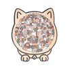 A wooden jigsaw puzzle shaped like a cat, featuring many small, colorful animal figures.