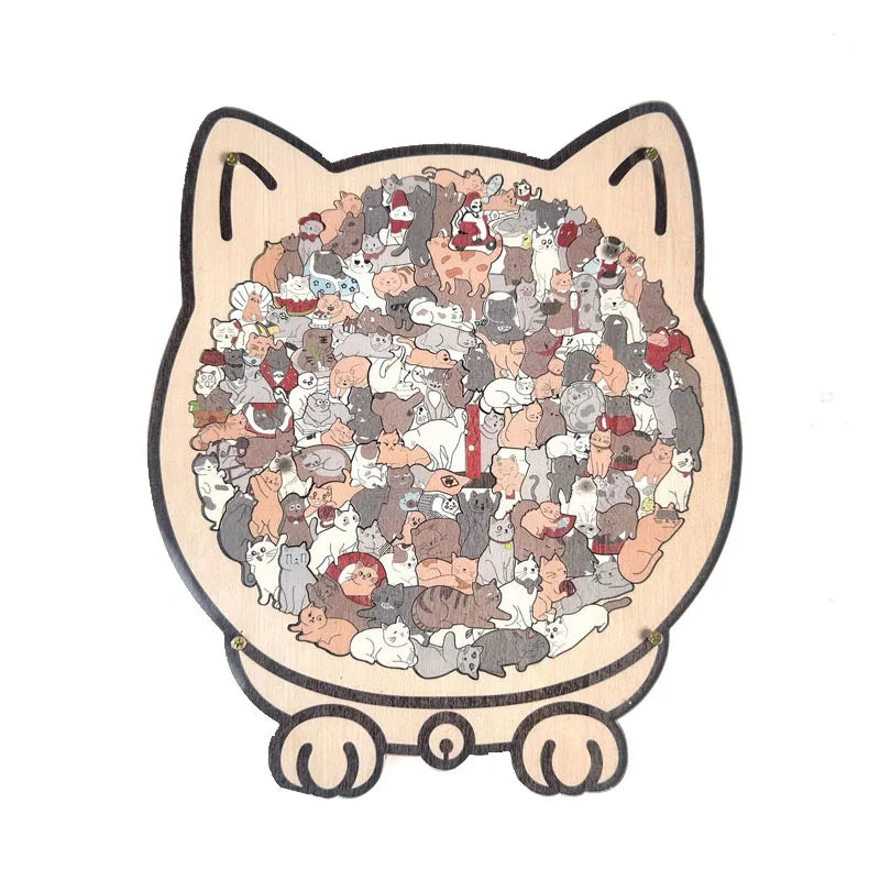 A wooden jigsaw puzzle shaped like a cat, featuring many small, colorful animal figures.