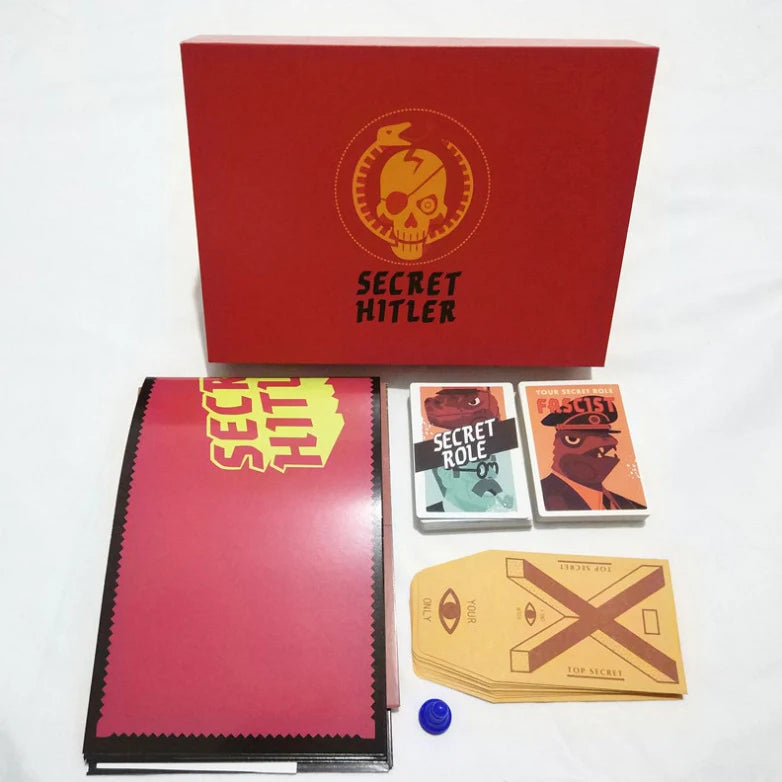 A red box for the Secret Hitler card game featuring a skull emblem and a pink box.