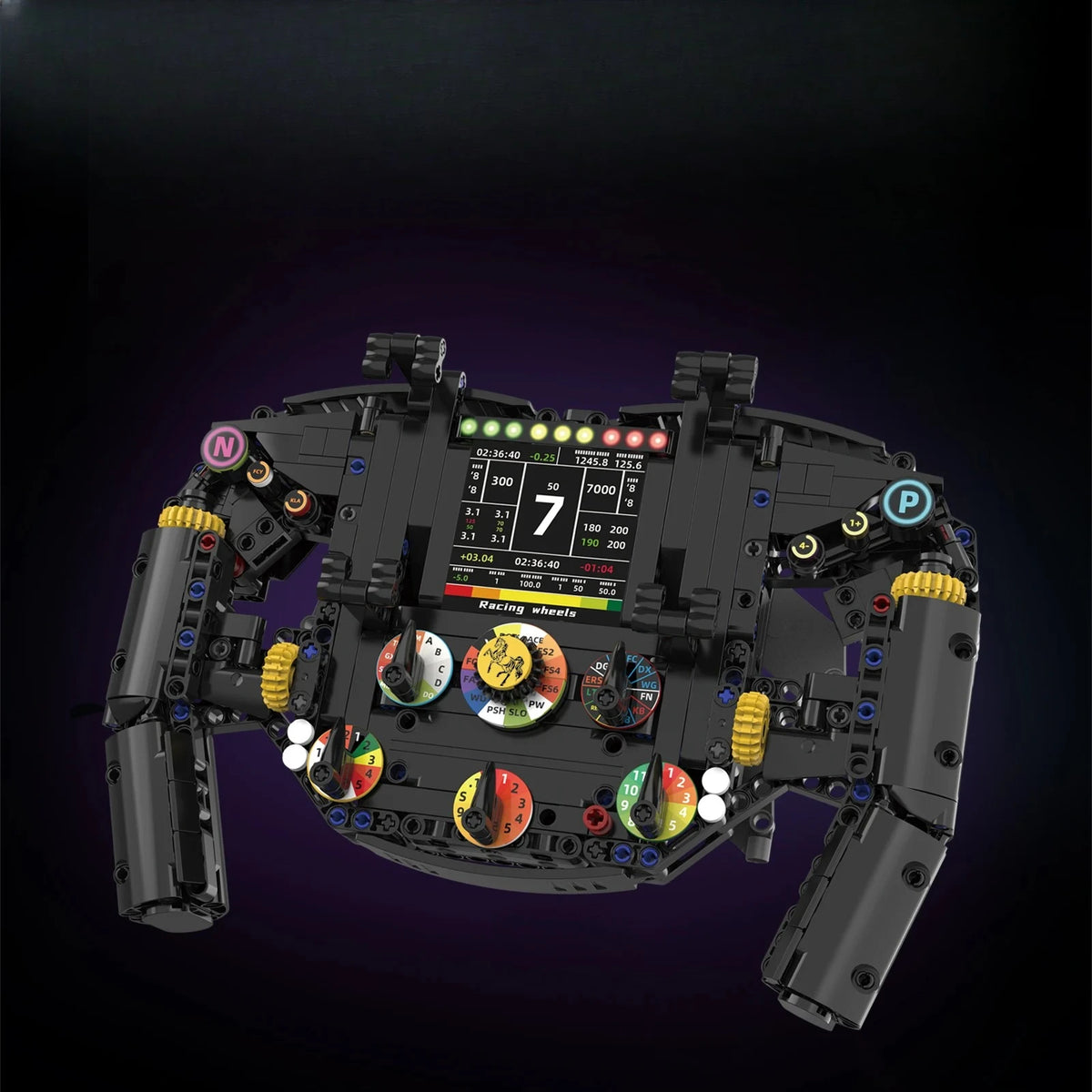 A black racing steering wheel building blocks set with various components and gauges.