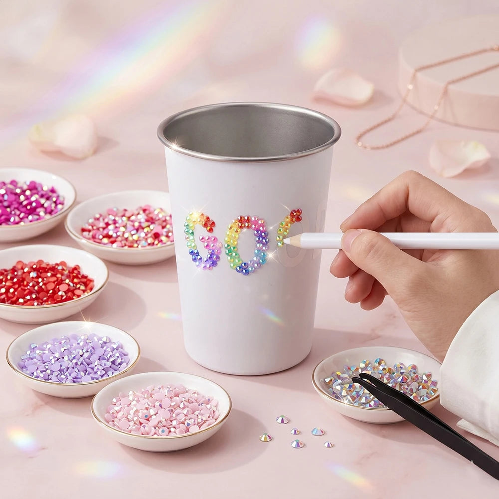 A hand holds a white tin container of colorful rhinestones next to small bowls of various colored glitter and craft supplies.