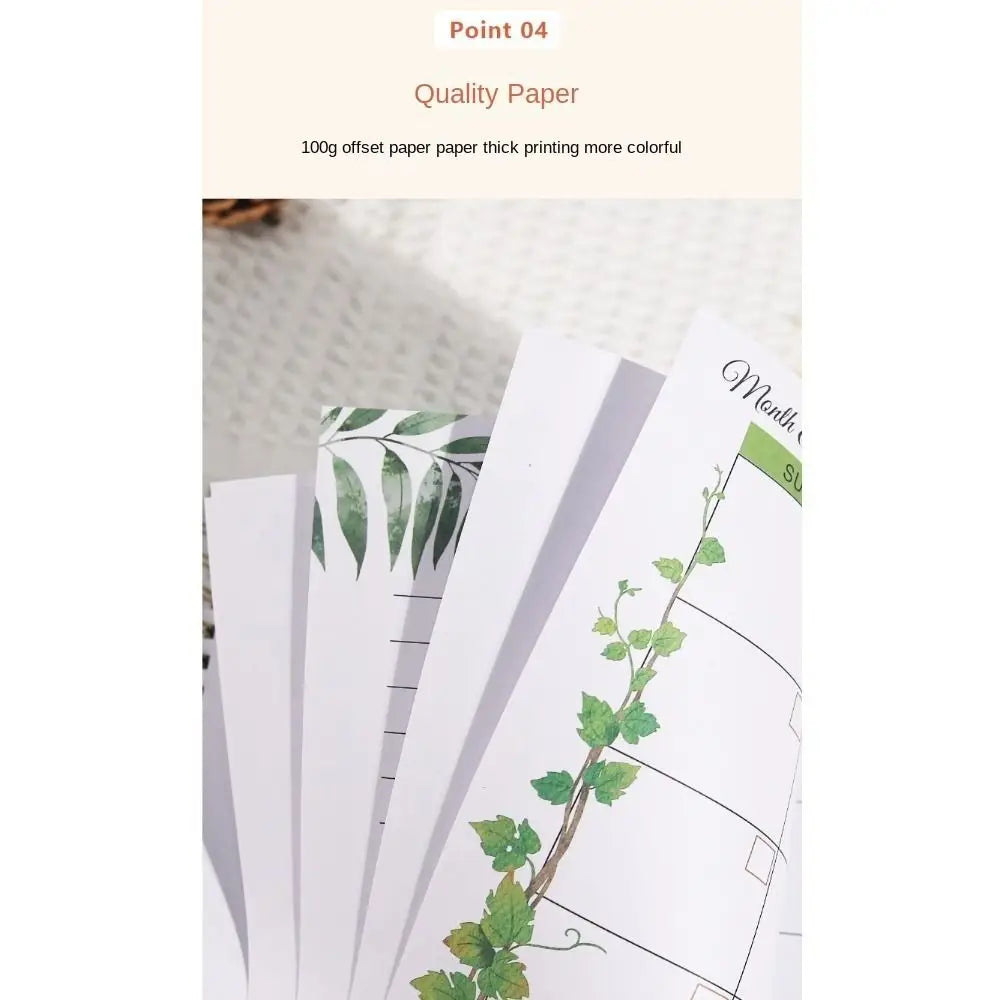 A stack of quality paper sheets showing a plant design and a monthly tracker for a pregnancy journey memory book.
