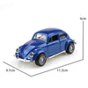 A blue 1:38 die-cast model of a classic Beetle car shown from the side.