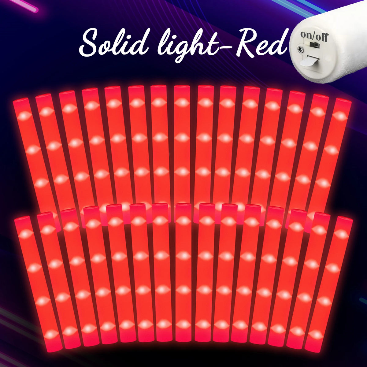 A close-up of a row of red LED foam glow sticks illuminating a dark background.
