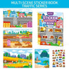 A colorful multi-scene sticker book featuring vehicles and nature for kids' quiet activity.