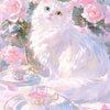A fluffy white cat with blue eyes sits next to delicate teacups and pink roses, suggesting a sparkling cat diamond art kit.