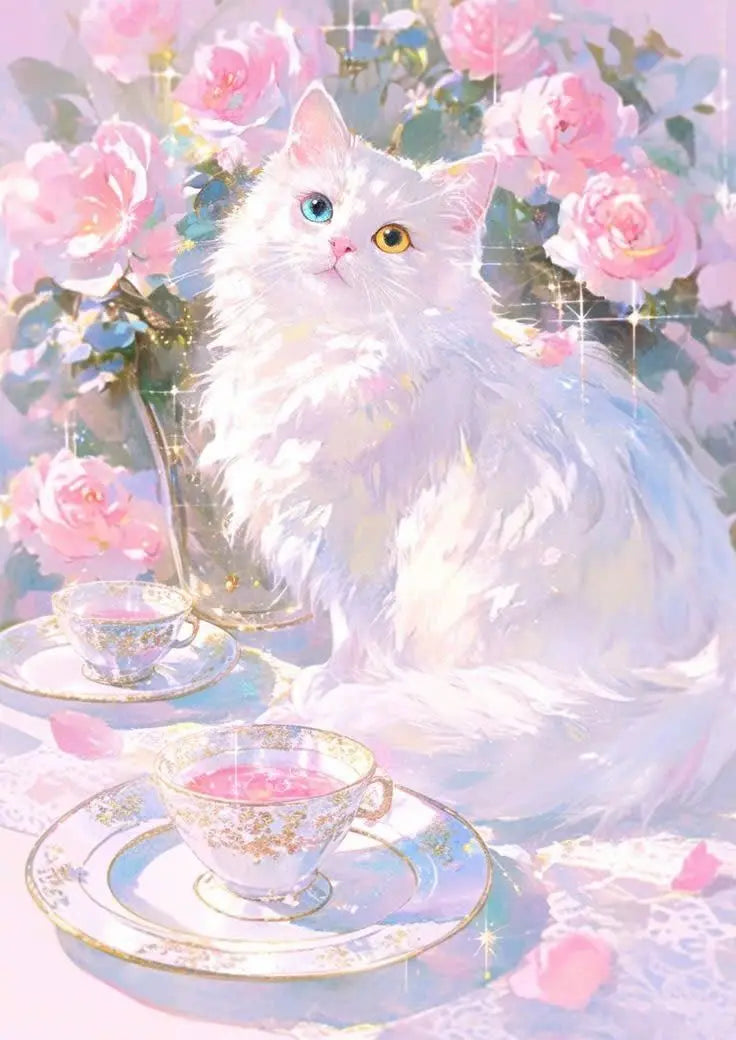 A fluffy white cat with blue eyes sits next to delicate teacups and pink roses, suggesting a sparkling cat diamond art kit.