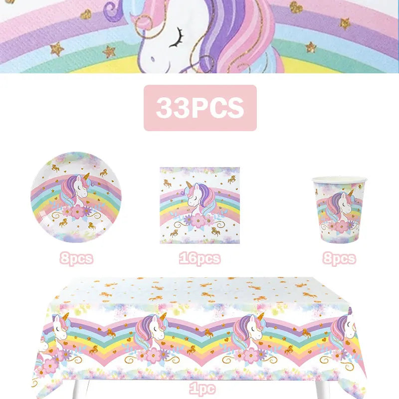A set of unicorn party supplies including a rainbow unicorn face, various colored unicorn designs, and decorative elements.