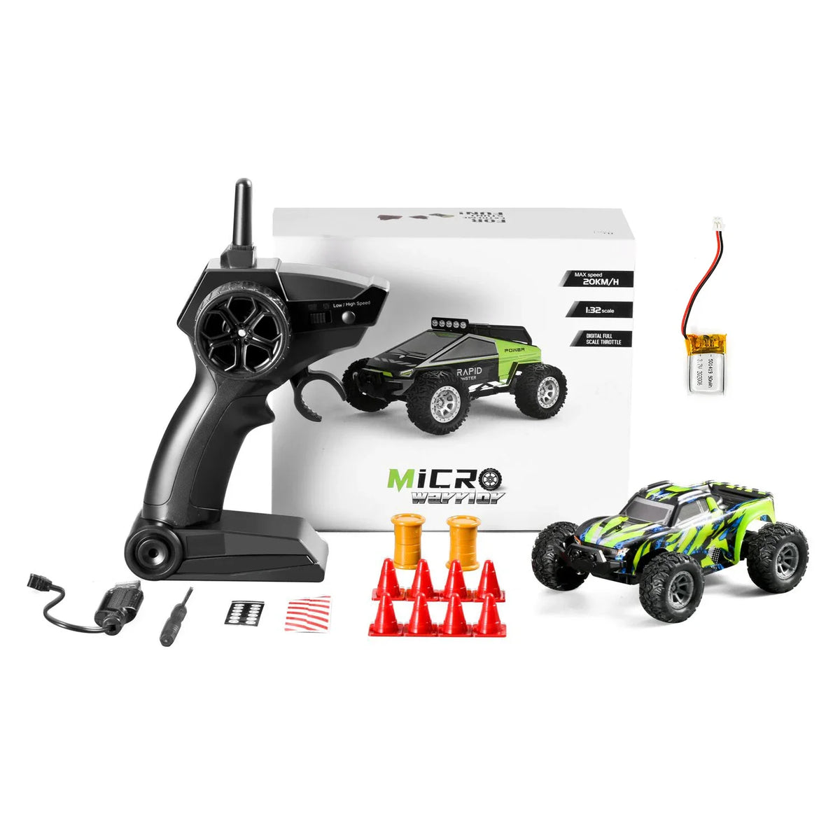 A black remote control and a green RC off-road car are displayed with packaging and accessories.
