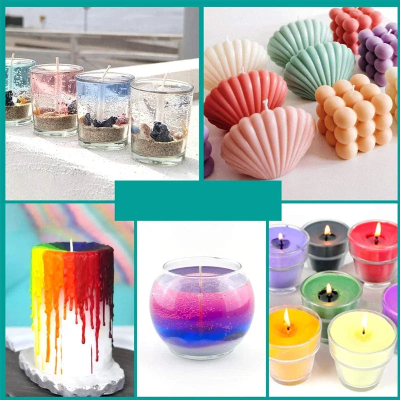 Collection de colorants pour bougies liquides dans diverses nuances et textures, incluant rose, vert, orange, violet et jaune