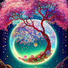 A vibrant painting featuring a pink tree silhouette against a glowing moon, with colorful jewels and foliage surrounding the 