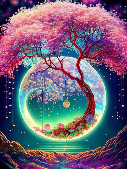 A vibrant painting featuring a pink tree silhouette against a glowing moon, with colorful jewels and foliage surrounding the 