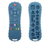 A blue silicone remote control shaped baby teether with various buttons and shapes.