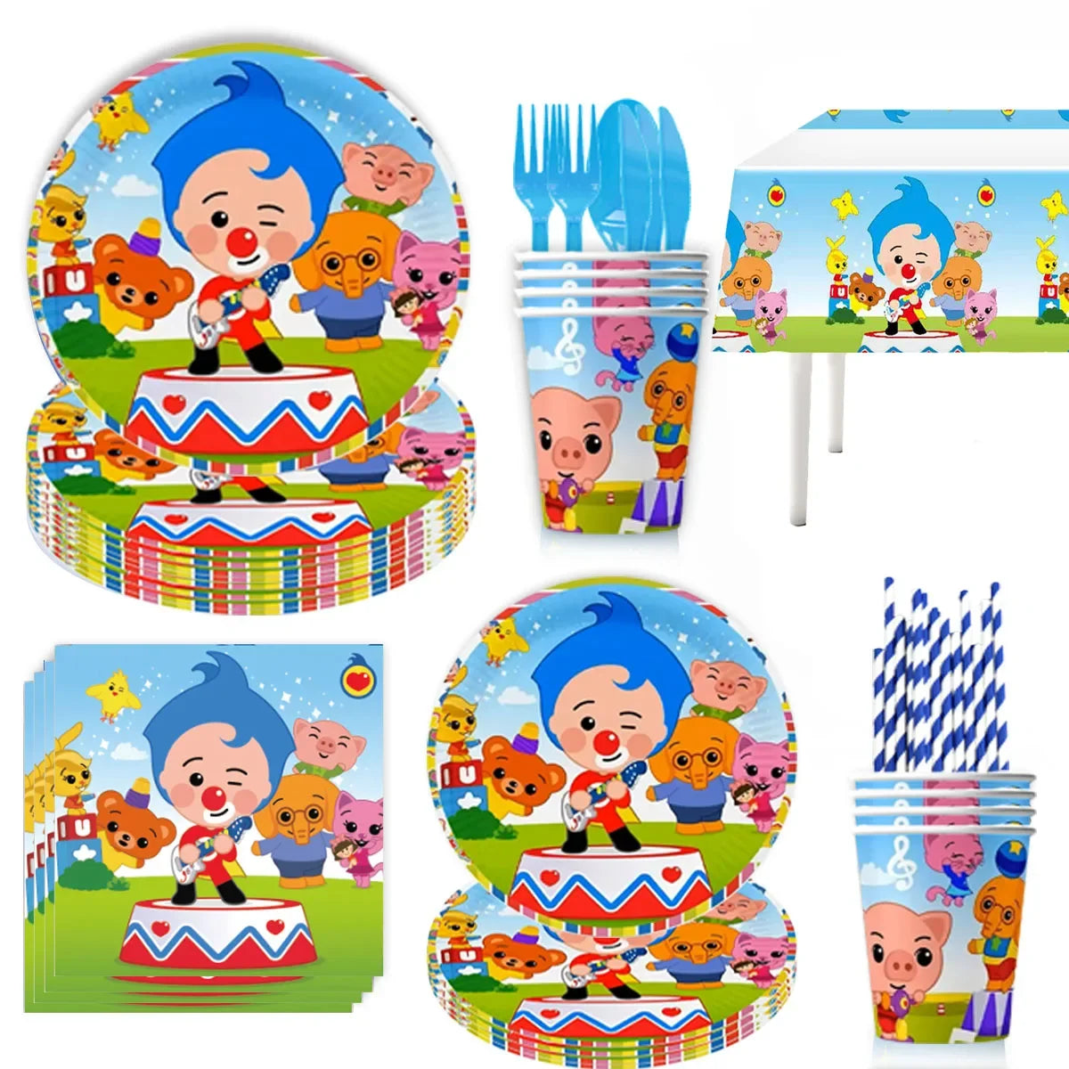 Colorful balloon party decorations featuring circus clowns and animals for a kids' birthday