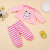 A pink and white striped romper set for a baby doll featuring a cute panda design.