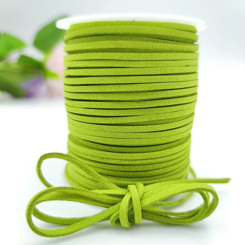 A roll of bright lime green velvet faux suede braided ribbon for crafting and gift wrapping.