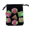 A set of colored polyhedral dice, including pink and green dice, stored in a black fabric bag.