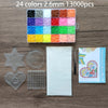 A box of 24 colors of 2.6mm fuse beads and various shapes including stars hearts and a sheet of clear beads