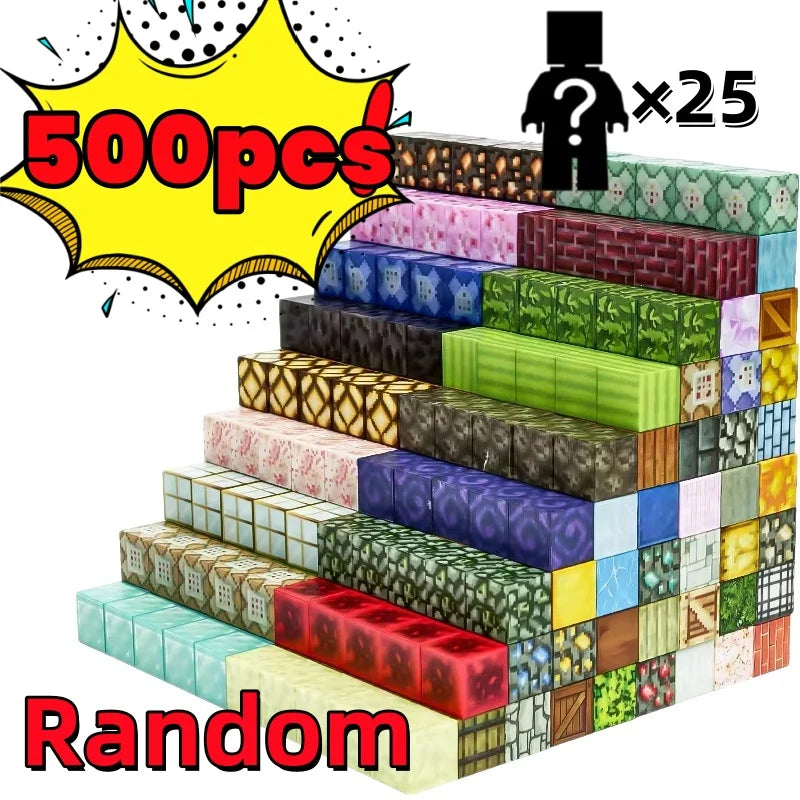 A stack of 500 magnetic building cubes in various colors and patterns, labeled as a random set.