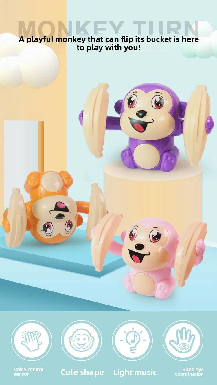 Jouet de singe violet et amusant qui peut retourner son seau, avec ses composants et une figurine de singe rose.