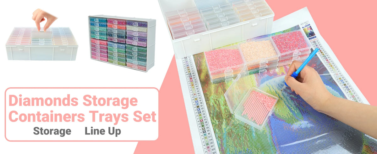 A set of diamond painting storage containers trays in various colors and a white organizer rack being used for storage.