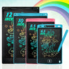 A set of four LCD writing tablets in black, blue, pink, and light blue are displayed against a rainbow background.