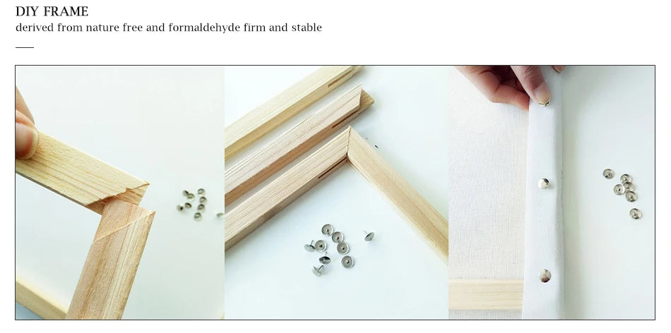 A DIY frame made from natural wood strips and formaldehyde is shown with small hardware components.