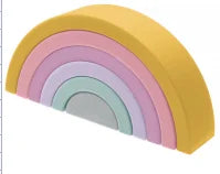 A rainbow arc of soft silicone building blocks in pastel colors, showing a gentle curve.