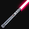 A silver lightsaber with a bright pink blade is shown diagonally against a black background.