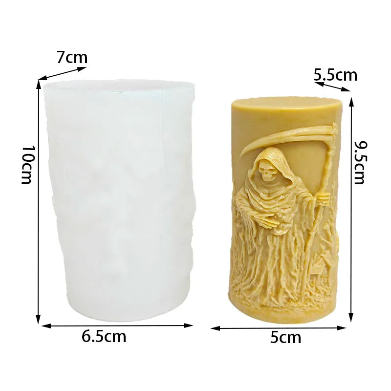 A yellow silicone candle mold shaped like a hooded skull with a face design.