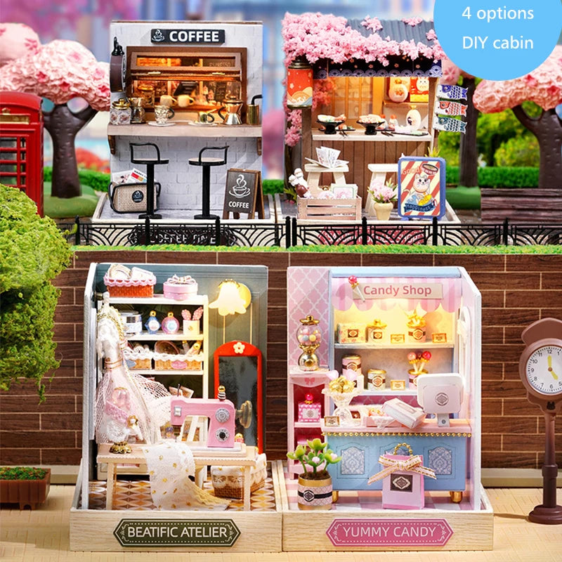 A set of four DIY wooden miniature dollhouse kits featuring coffee shop, candy shop, and cafe scenes.