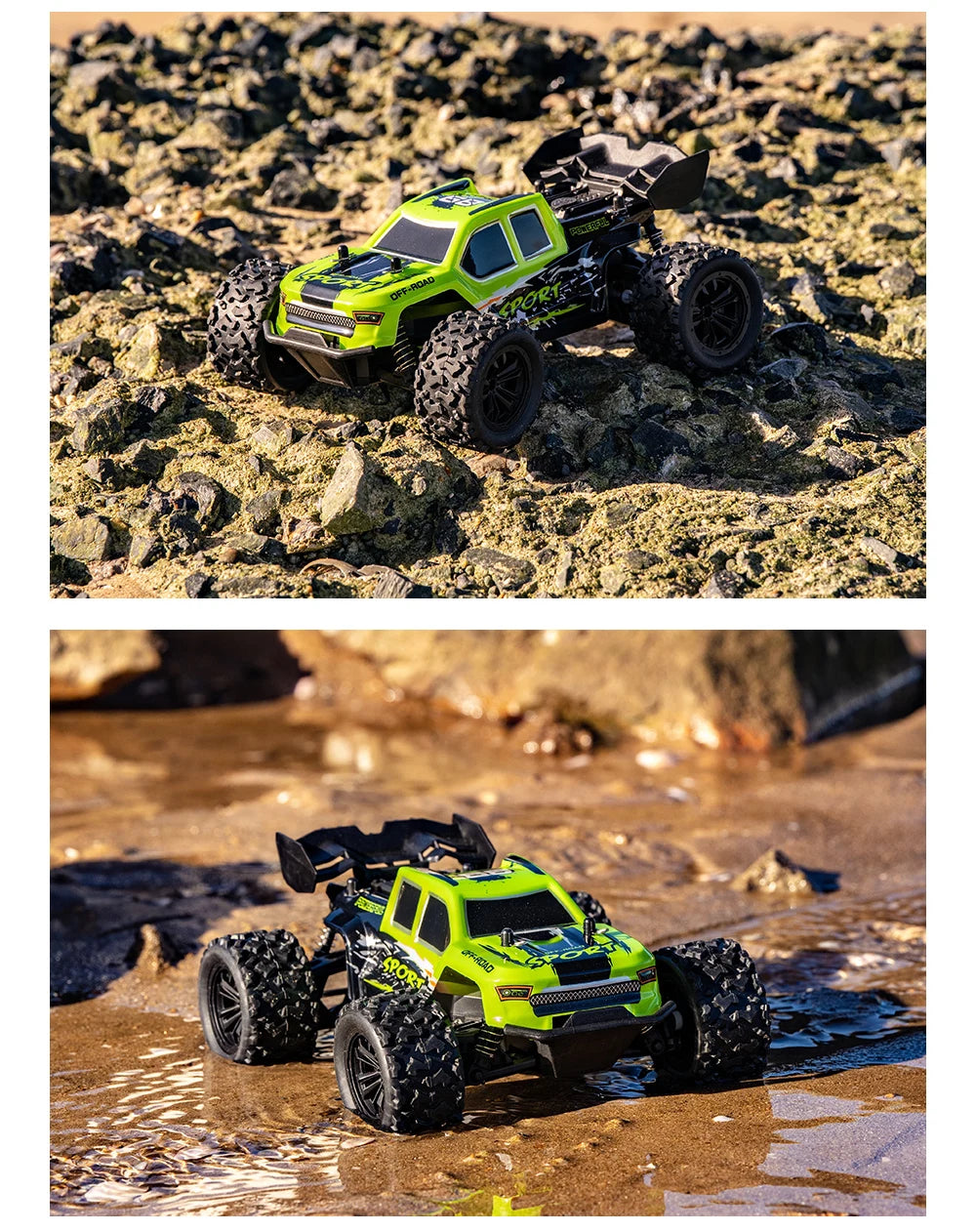 A yellow and black remote control off-road car with large tires is shown in a muddy water environment.