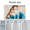 A grid showing various sizes of a photo puzzle, including 35 to 1000 pieces, with corresponding inch and centimeter dimension