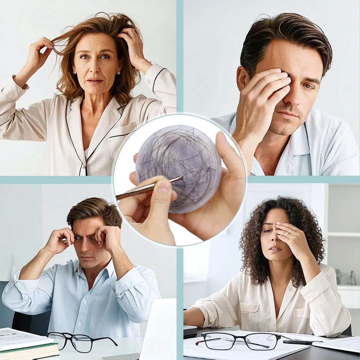 Four images showing people experiencing stress or anxiety while using a silicone fidget picking pad with a tweezer for relief