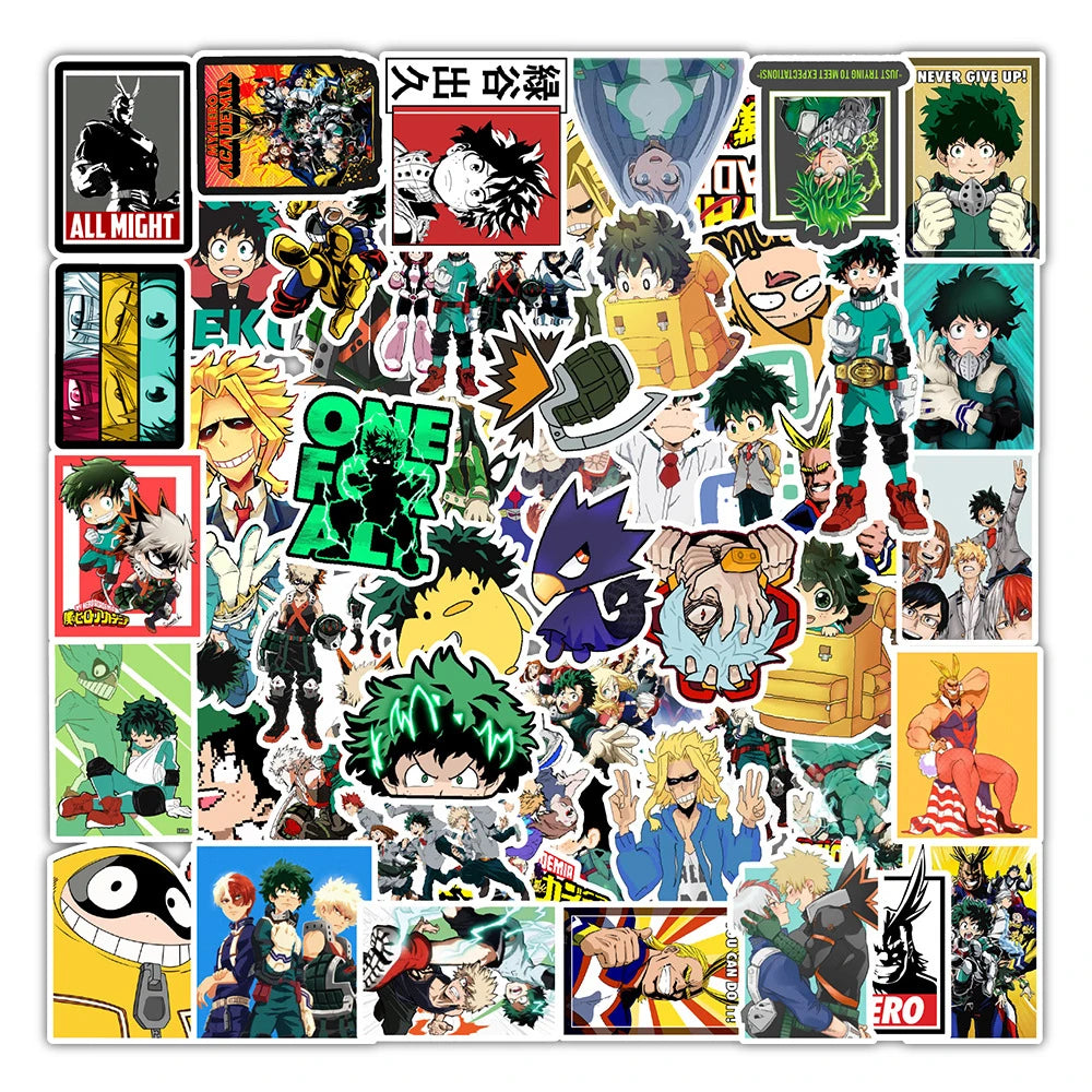 A collection of My Hero Academia anime decals and stickers featuring various characters and scenes.