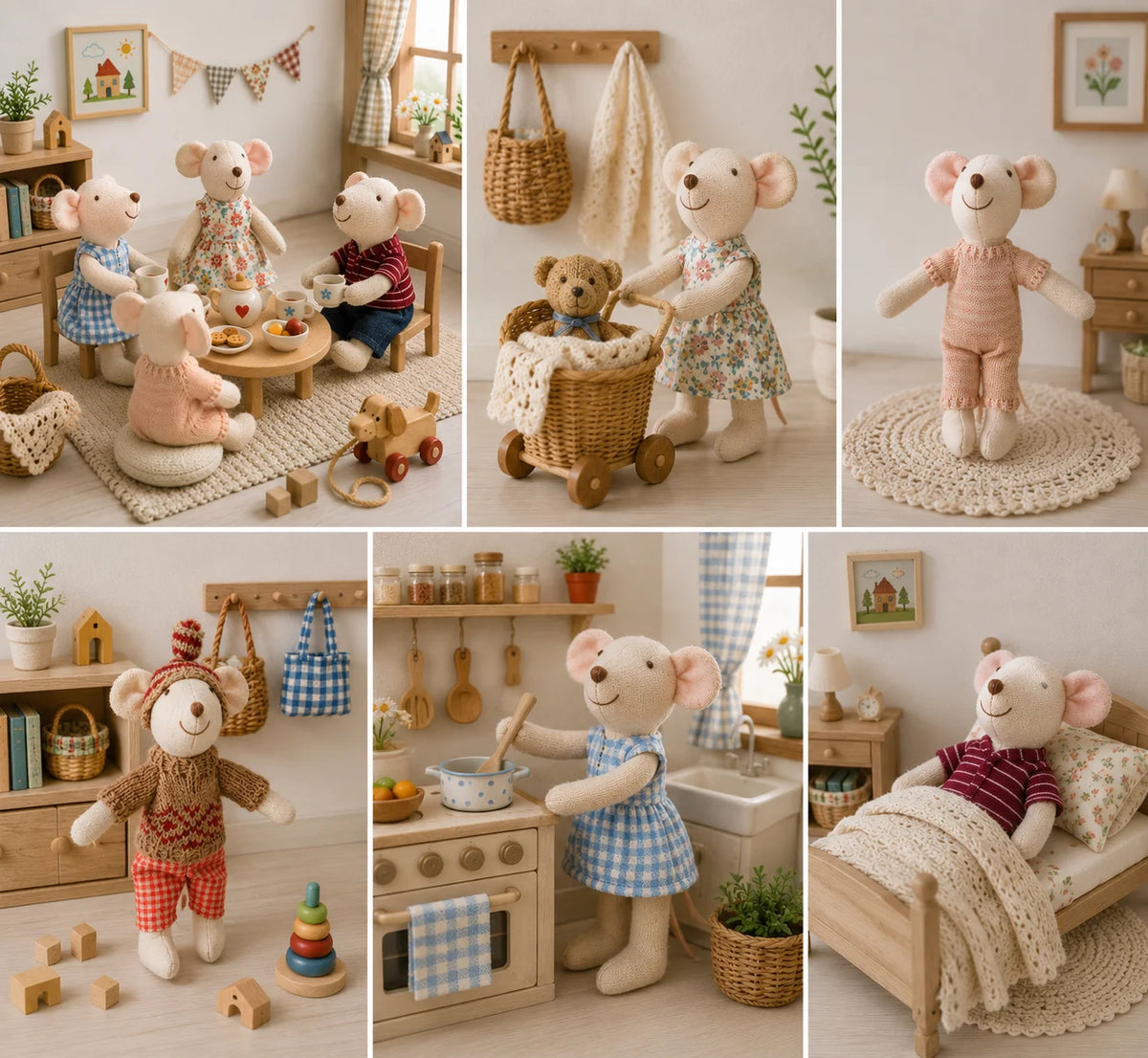 A collection of handmade mouse plush dolls dressed in various retro outfits and sitting in a cozy, rustic setting.