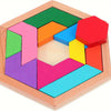 A wooden hexagon tangram puzzle with colorful geometric shapes arranged in a square frame.