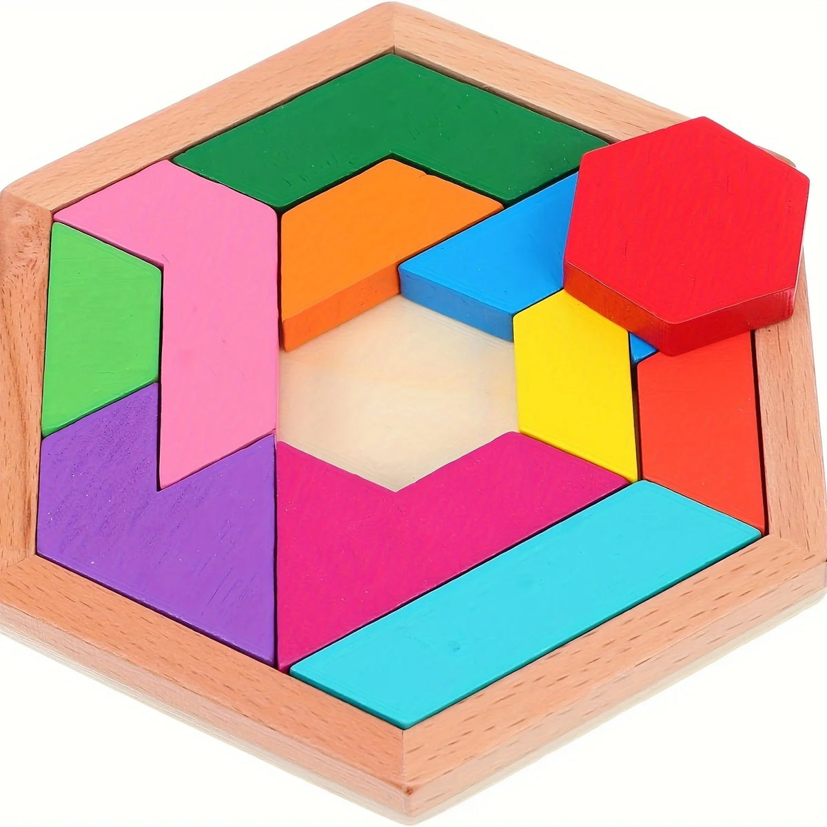 A wooden hexagon tangram puzzle with colorful geometric shapes arranged in a square frame.