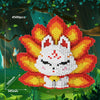 A building block set shaped like a fierce fox with bright orange and yellow flames surrounding its white body.
