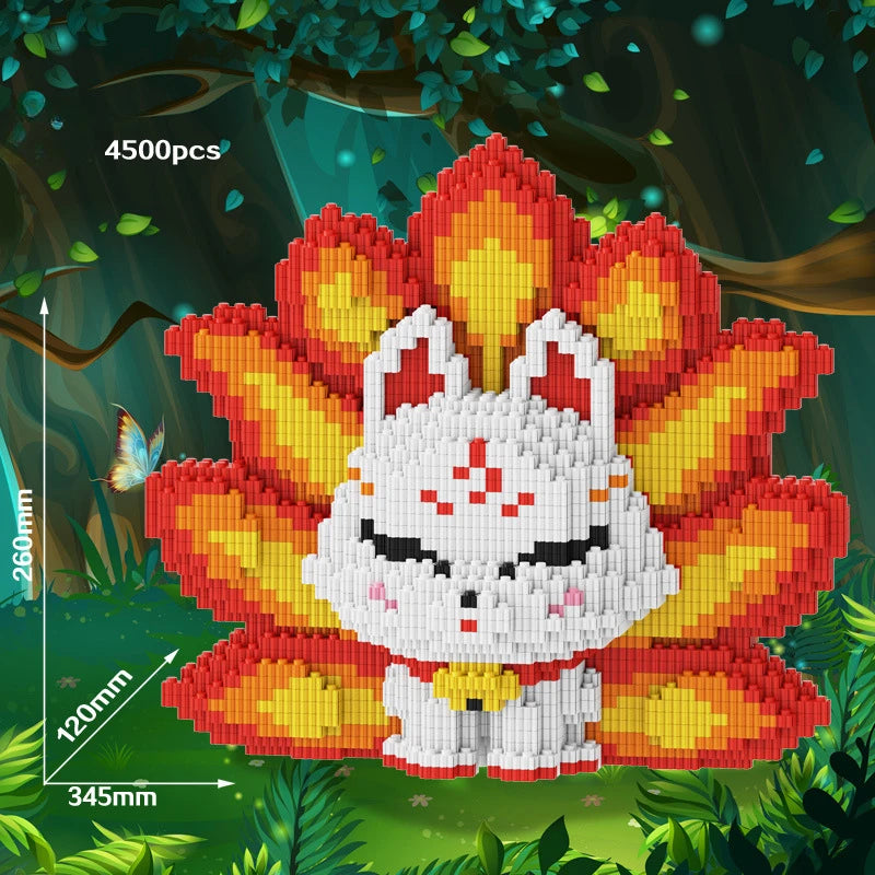 A building block set shaped like a fierce fox with bright orange and yellow flames surrounding its white body.