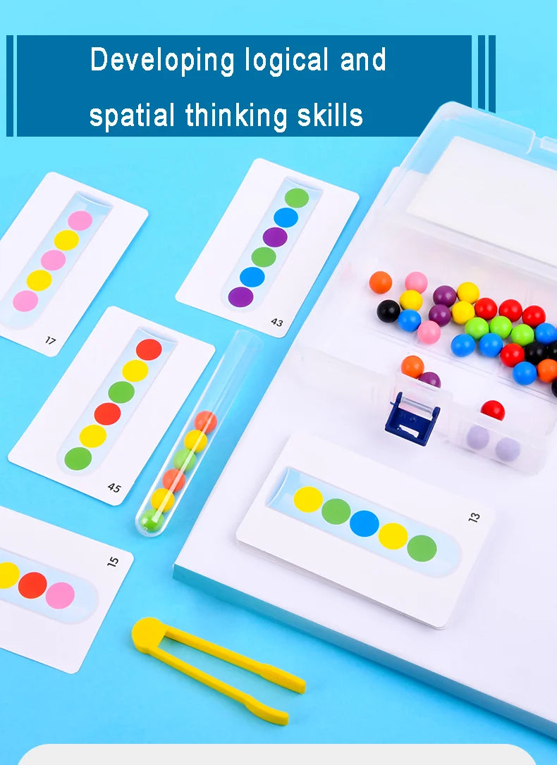 A set of wooden clip beads game with colored plastic beads and cards for developing logical and spatial thinking skills.