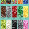 A variety of colorful plastic building blocks in various colors including standard, boys', girl, orange, dark blue, brown, li