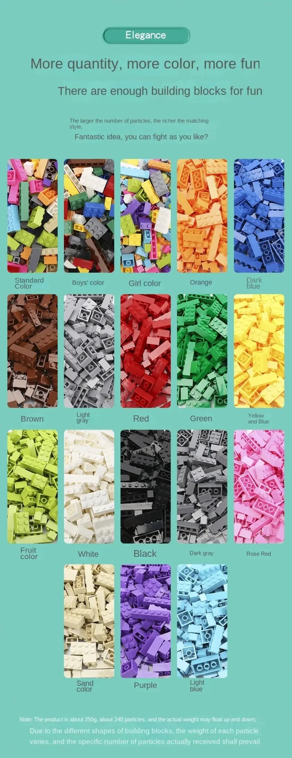 A variety of colorful plastic building blocks in various colors including standard, boys', girl, orange, dark blue, brown, li