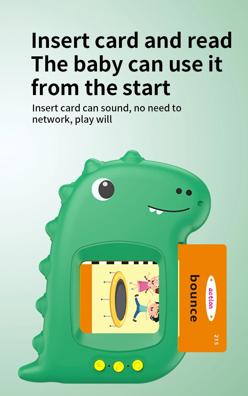 A green, dinosaur-shaped electronic learning machine with a card slot and a screen is shown.