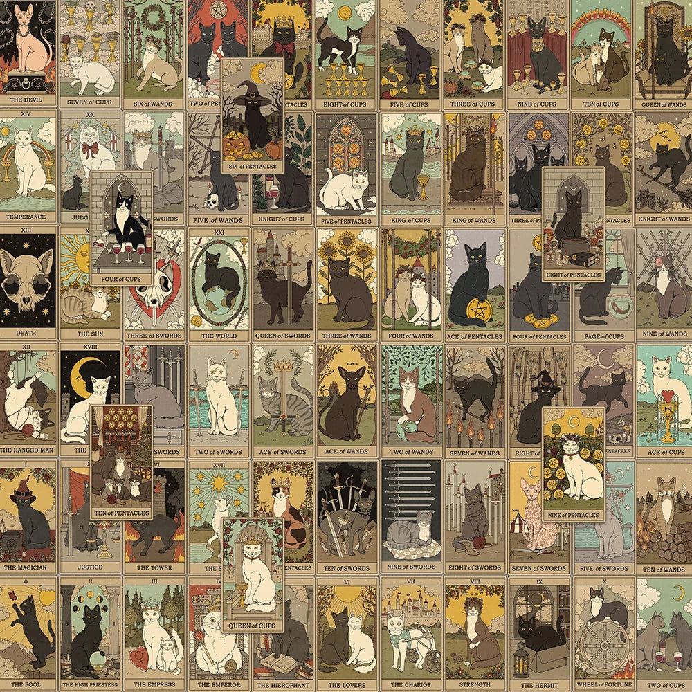 A collection of 72 whimsical mystery tarot cards featuring cats and various mystical imagery for stickers.