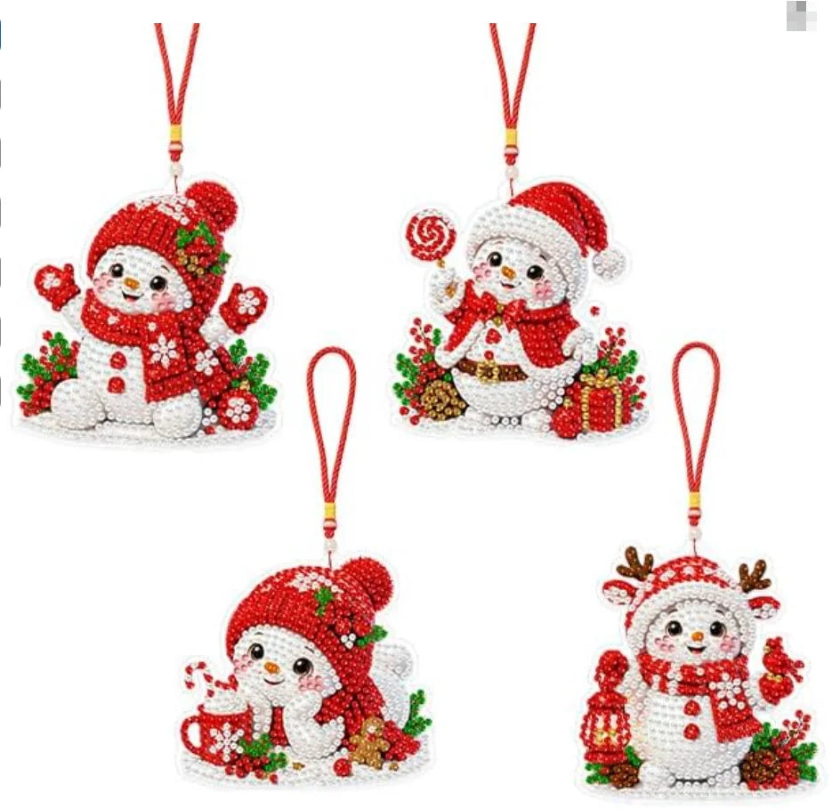 A set of Christmas diamond painting ornaments featuring festive holiday designs and red, white, and green colors.