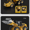 A yellow die-cast toy excavator construction vehicle with various features shown.
