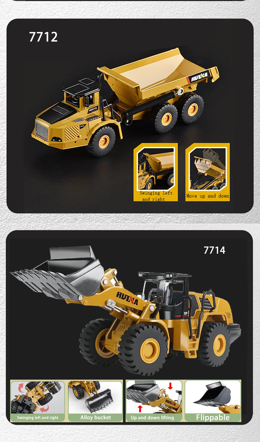 A yellow die-cast toy excavator construction vehicle with various features shown.