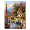 A vibrant forest landscape painting featuring a house, trees, and flowing water.